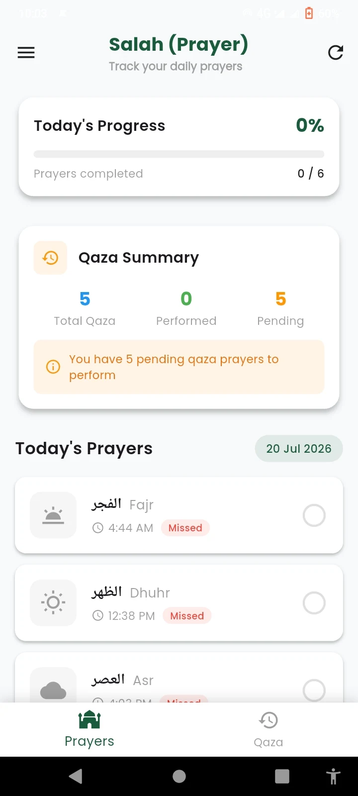 Salah App Home Screen with Prayer Times